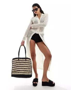 Кремовый ажурный длинный пляжный кардиган крючком Miss Selfridge