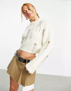 Кремовый джемпер с потертостями и декоративной отделкой ASOS DESIGN