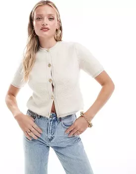 Кремовый кардиган на пуговицах с короткими рукавами и букле New Look