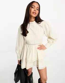 Кремовый комбинезон с высоким воротником и юбкой из рара с вышивкой ASOS DESIGN
