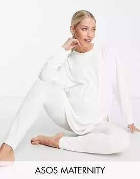 Кремовый комплект из велюрового свитера и леггинсов в рубчик ASOS DESIGN Maternity lounge