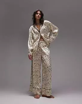 Кремовый пижамный комплект из атласной рубашки и брюк Topshop с цветочным принтом