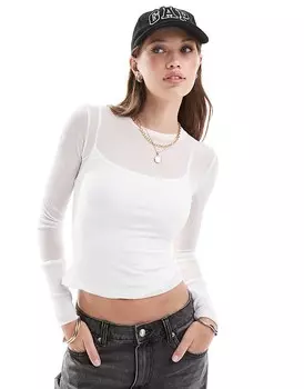 Кремовый сетчатый базовый топ с круглым вырезом в рубчик ASOS DESIGN