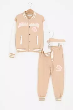 Кремовый спортивный костюм для девочек с вышивкой звездами College Jacket 16938 Damla Bebe