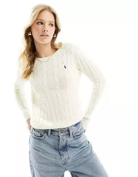Кремовый свитер косой вязки с круглым вырезом и логотипом Polo Ralph Lauren