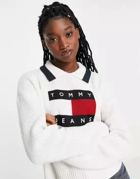Кремовый свитер с воротником и логотипом Tommy Jeans