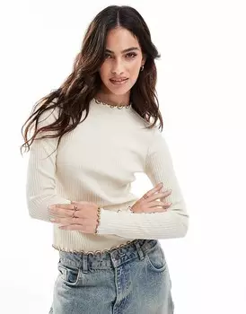 Кремовый топ Vero Moda в рубчик с длинными рукавами и контрастной светло-коричневой окантовкой