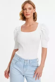 Кремовый трикотажный боди с рукавами-фонариками QUIZ Clothing