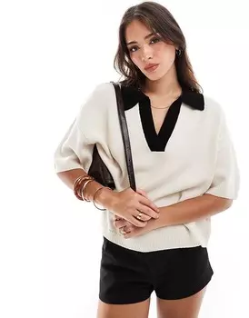Кремовый трикотажный топ-поло с контрастным воротником ASOS DESIGN