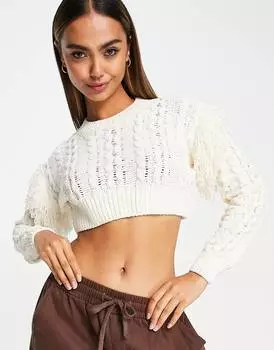 Кремовый укороченный джемпер с косами и бахромой из синели ASOS DESIGN