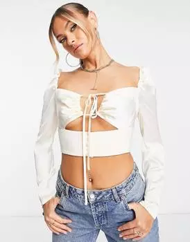 Кремовый укороченный топ с длинными рукавами и вырезом ASOS DESIGN