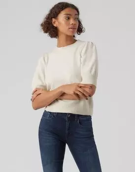 Кремовый вересковый вязаный топ с короткими рукавами Vero Moda