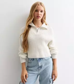 Кремовый вязаный джемпер для девочек с половиной молнией New Look, кремовый