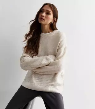 Кремовый вязаный джемпер с круглым вырезом металлизированной строчкой New Look, кремовый