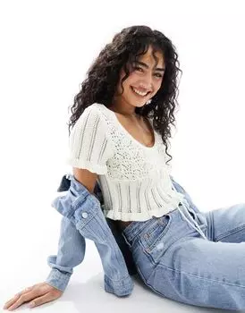 Кремовый вязаный топ доярки с открытой строчкой и завязкой на талии ASOS DESIGN