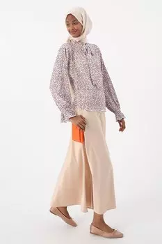 Креповая блузка сиренево-бежевого цвета с воротником и завязками ALL DAY