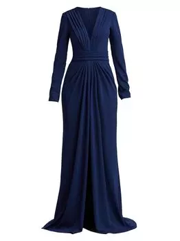 Креповое плиссированное платье с длинными рукавами Tadashi Shoji, синий