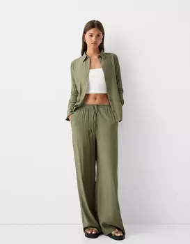 Креповые брюки с резинкой на талии Bershka, хаки