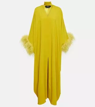 Креповый кафтан с отделкой перьями Taller Marmo, желтый