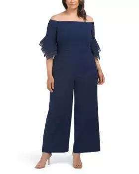 Креповый комбинезон Plus с рукавами-колокольчиками из органзы Adrianna Papell, темно-синий