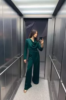 Креповый комбинезон с плиссированной талией ZARA, зеленоватый