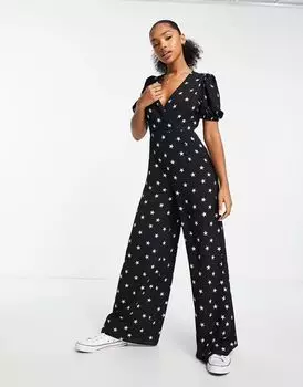 Креповый комбинезон со звездным принтом ASOS, V-образным вырезом и пышными рукавами
