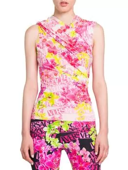 Креповый топ с цветочным принтом Versace, цвет Pink Multi