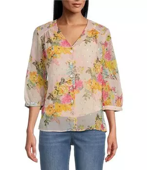 Крестьянская блузка Figueroa & Flower с цветочным принтом и каменным шифоном с v-образным вырезом, рукавами 3/4 и пуговицами спереди, цветочный