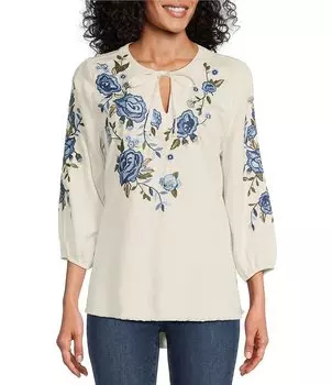 Крестьянская туника Reba с цветочной вышивкой, рукавами 3/4 и завязками с разрезом, V-образным вырезом и потертостями, с высоким и низким подолом, цветочный