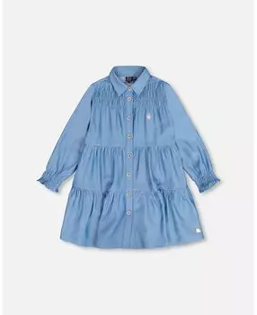 Крестьянское платье из шамбре с длинными рукавами для девочек, синее джинсовое - детское Deux par Deux