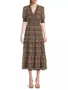 Крестьянское платье миди с цветочным принтом Max Studio, цвет Black Multi