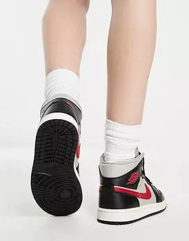Кроссовки Air Jordan 1 Mid черного серого и спортивного красного цвета