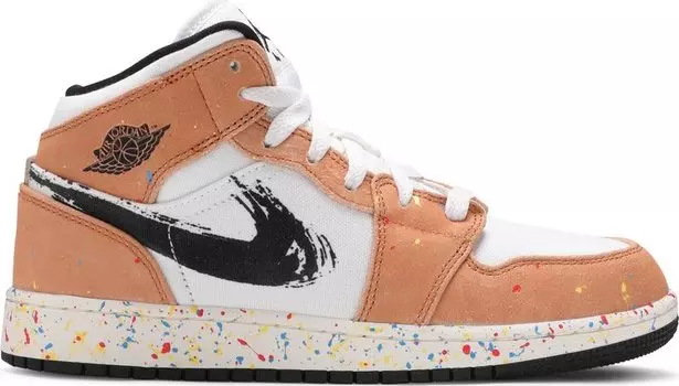 Кроссовки Air Jordan 1 Mid SE GS Brushstroke Paint Splatter, белый