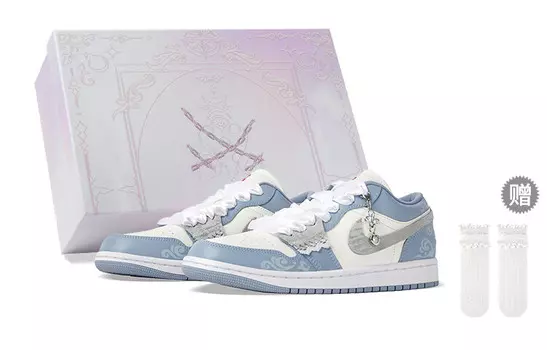 Кроссовки Air Jordan 1 Vintage Basketball Shoes Women's Low-top White/Royal Blue/Fern Green, синий/белый