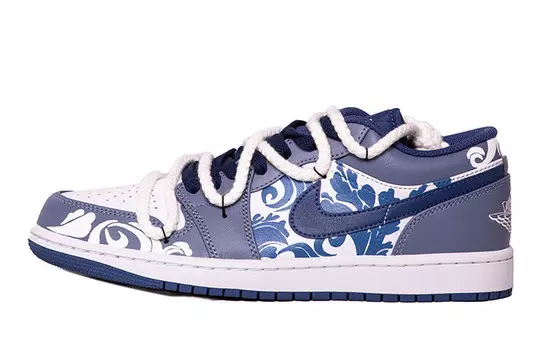 Кроссовки Air Jordan 1 Vintage Basketball Shoes Men Low-top White/Royal Blue/Fern Green, темно-синий