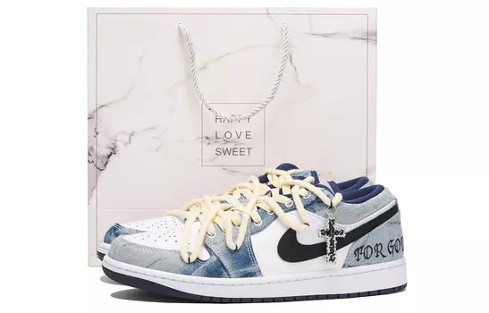 Кроссовки Air Jordan 1 Vintage Basketball Shoes Men Low-top White, голубой