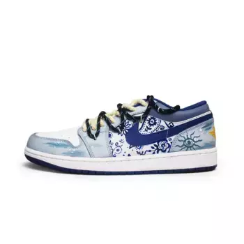 Кроссовки Air Jordan 1 Vintage Basketball Shoes Men Low-top White/blue, белый/синий