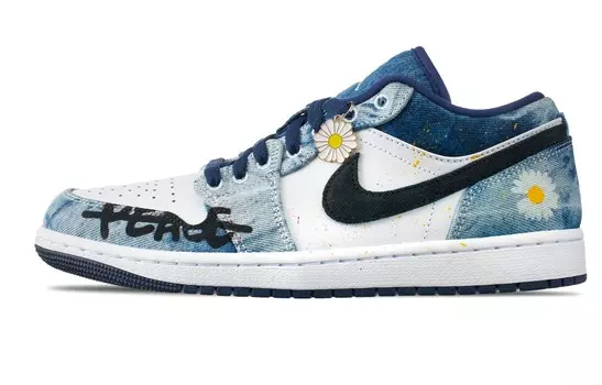Кроссовки Air Jordan 1 Vintage Basketball Shoes Men Low-top White/Blue/Yellow, синий