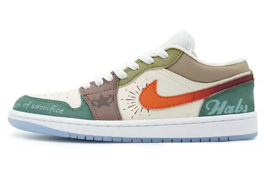 Кроссовки Air Jordan 1 Vintage Basketball Shoes Women's Low-top Green/White/Brown/Red, бежевый зеленый оранжевый