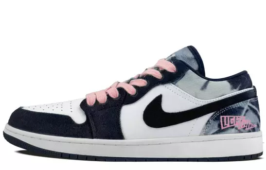 Кроссовки Air Jordan 1 Vintage Basketball Shoes Men Low-top Navy Blue/Tie-dye/Pink, голубой