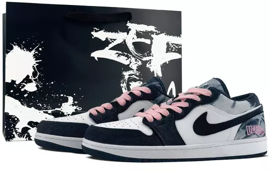 Кроссовки Air Jordan 1 Vintage Basketball Shoes Men Low-top Navy Blue/Tie-dye/Pink, голубой