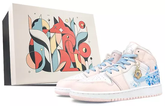 Кроссовки Air Jordan 1 Vintage Basketball Shoes Women's Mid-top Blue, белый