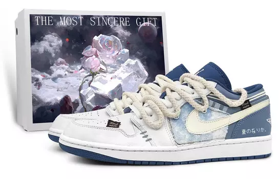 Кроссовки Air Jordan 1 Vintage Basketball Shoes Men Low-top White, синий/белый