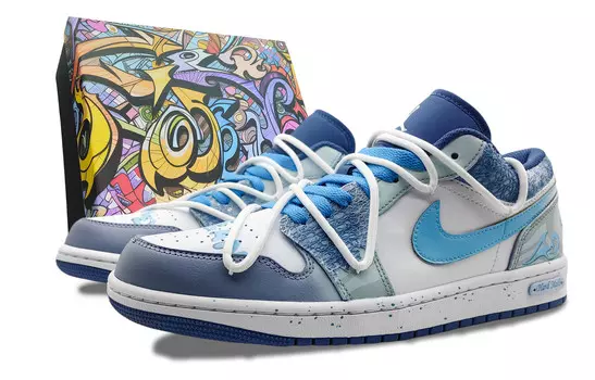 Кроссовки Air Jordan 1 Vintage Basketball Shoes Men Low-top White, синий