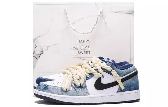 Кроссовки Air Jordan 1 Vintage Basketball Shoes Men Low-top White/Royal Blue/Fern Green, голубой