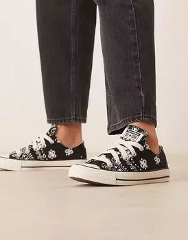 Кроссовки Converse Chuck Taylor All Star Ox черного цвета с белыми цветочными деталями