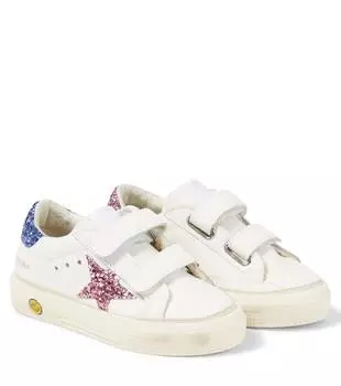 Кроссовки из блестящей кожи May School Golden Goose Kids, цвет white/light blue/pink