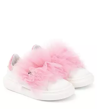 Кроссовки из кожи и тюля с аппликацией Monnalisa, белый