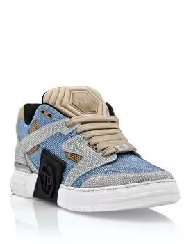 Кроссовки из микса кожи Lo-Top со стразами PHILIPP PLEIN, бежевый/голубой