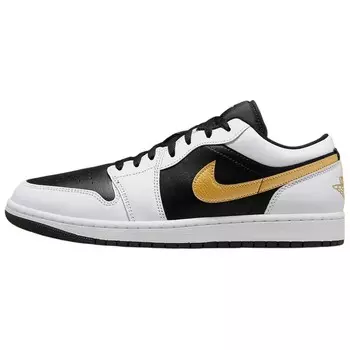 Кроссовки Jordan 1 Low White Black Metallic Gold Swoosh, белый/черный